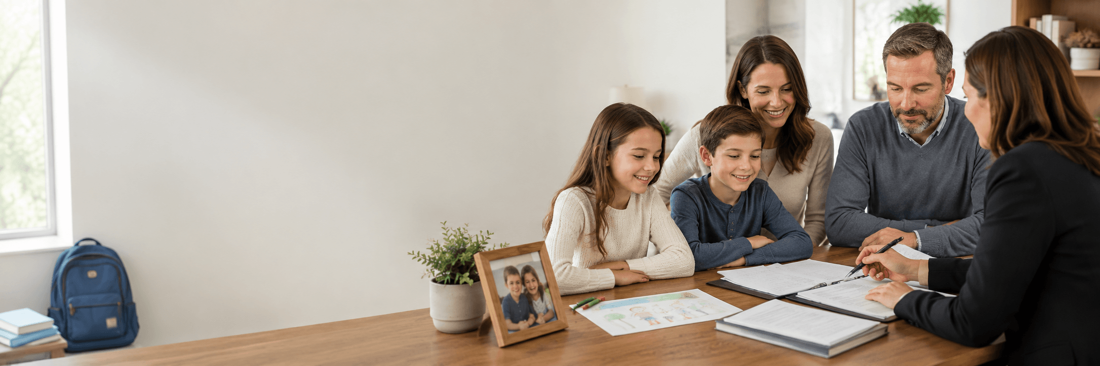 Children sitting with their parents and an advisor during a staged distribution planning conversation in a calm family-focused office setting.