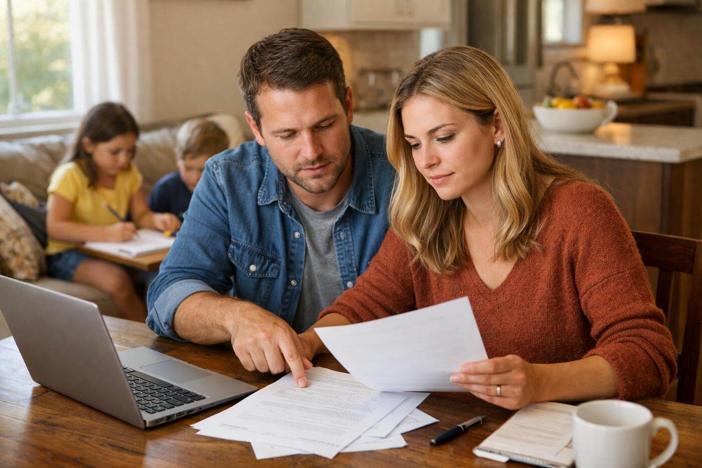 Couple reviewing estate planning documents at a kitchen table while their children sit nearby in a bright Nevada home.