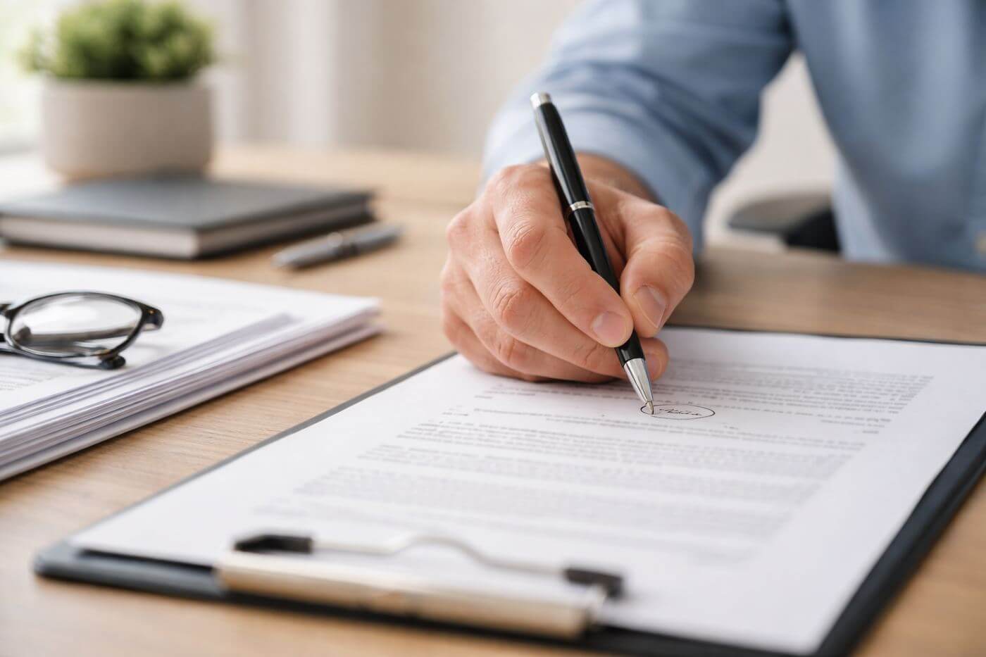 Close-up of a person signing a formal legal document with a pen on a clipboard at a desk with organized papers.