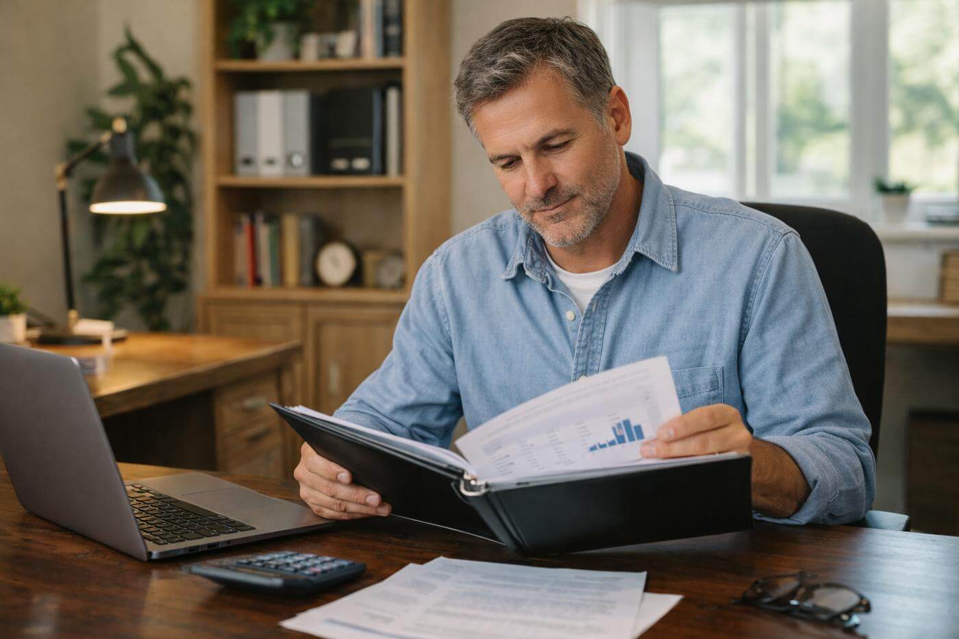 Professional reviewing financial documents in an office, seated at a desk with a laptop, portfolio binder, and calculator while examining financial statements.