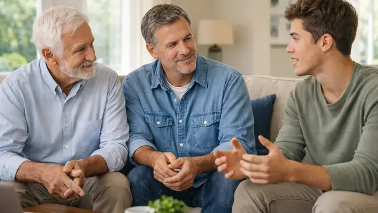 Multigenerational family sitting together in a living room discussing financial or estate planning matters.